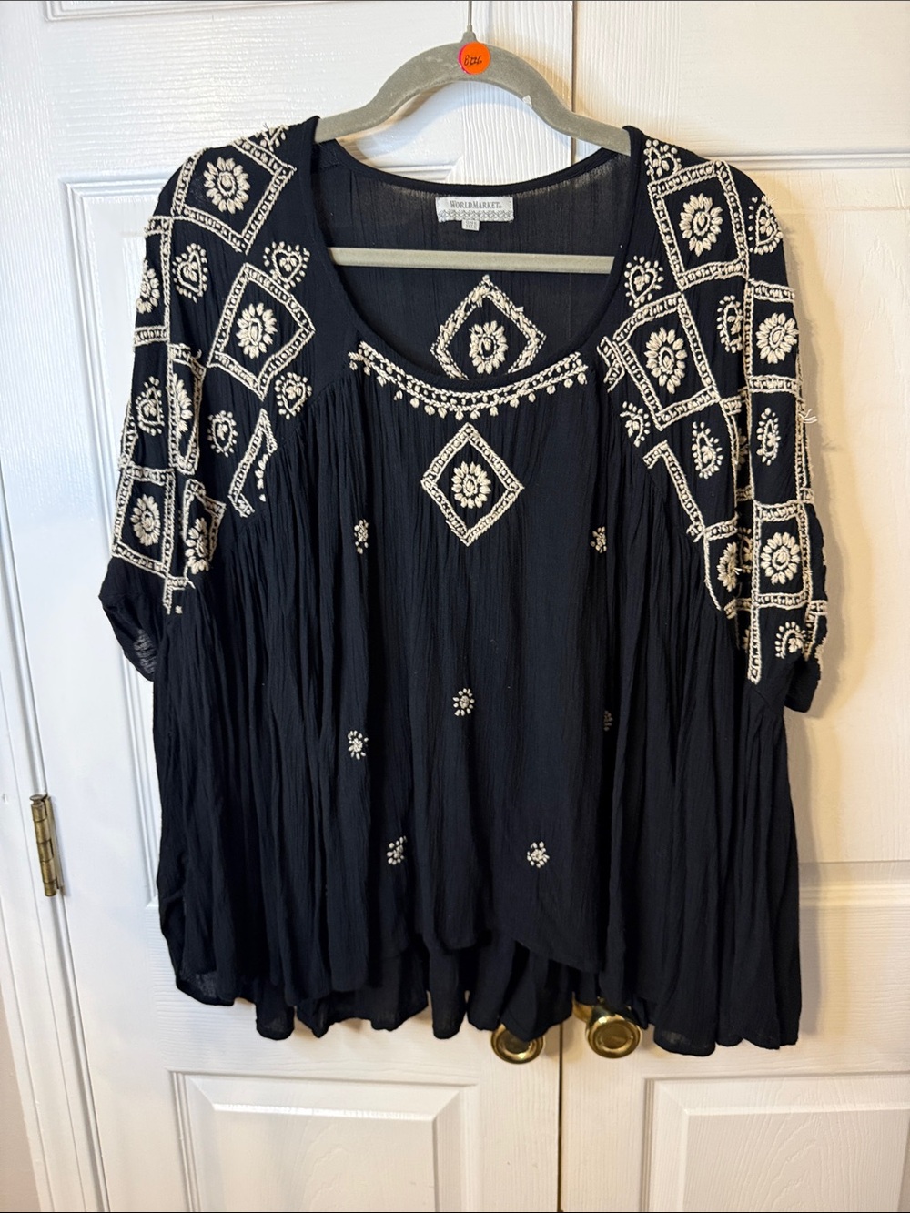 World Market Black Tunic with Cream Embroidery